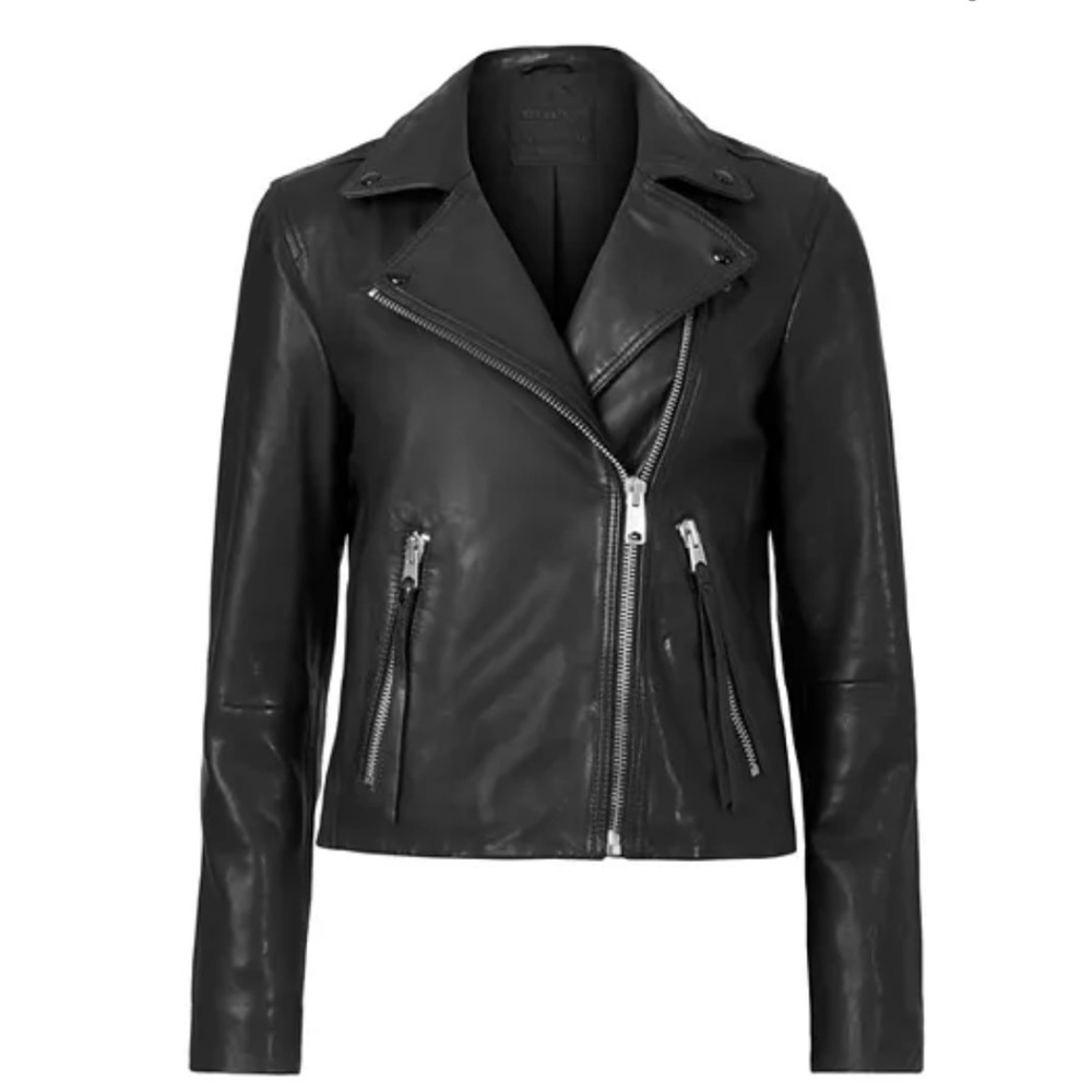 ❤️SOLD❤️All Saints Black Leather Biker Jacket Asymmetrical Zipper Lapel Collar